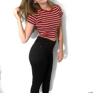 BRANDY MELVILLE short sleeve stretchy crop top shirt red white stripes size s
